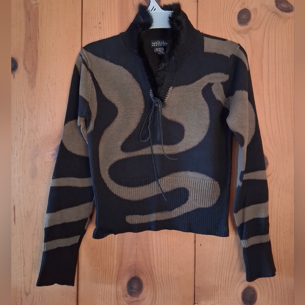 Eastside Westside Knit Cotton VNeck Camo Sweater With Faux Fur Trim